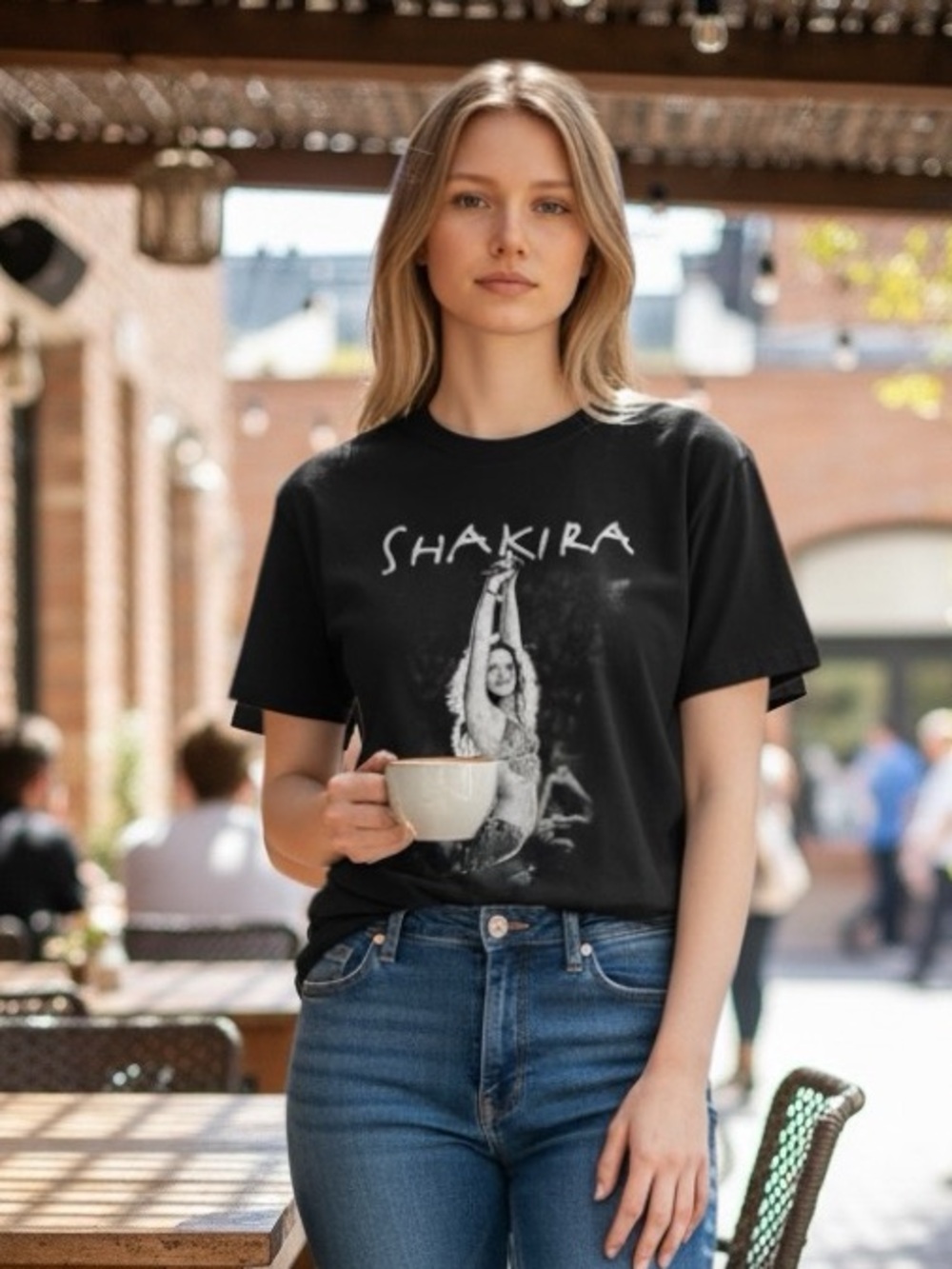 SHAKIRA Black Graphic Tee with Blue Straight-Leg Jeans
